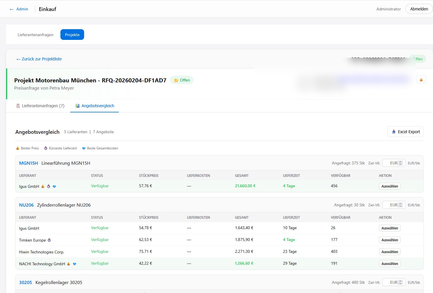 Angebotsvergleich pro Position mit Entscheidungsindikatoren